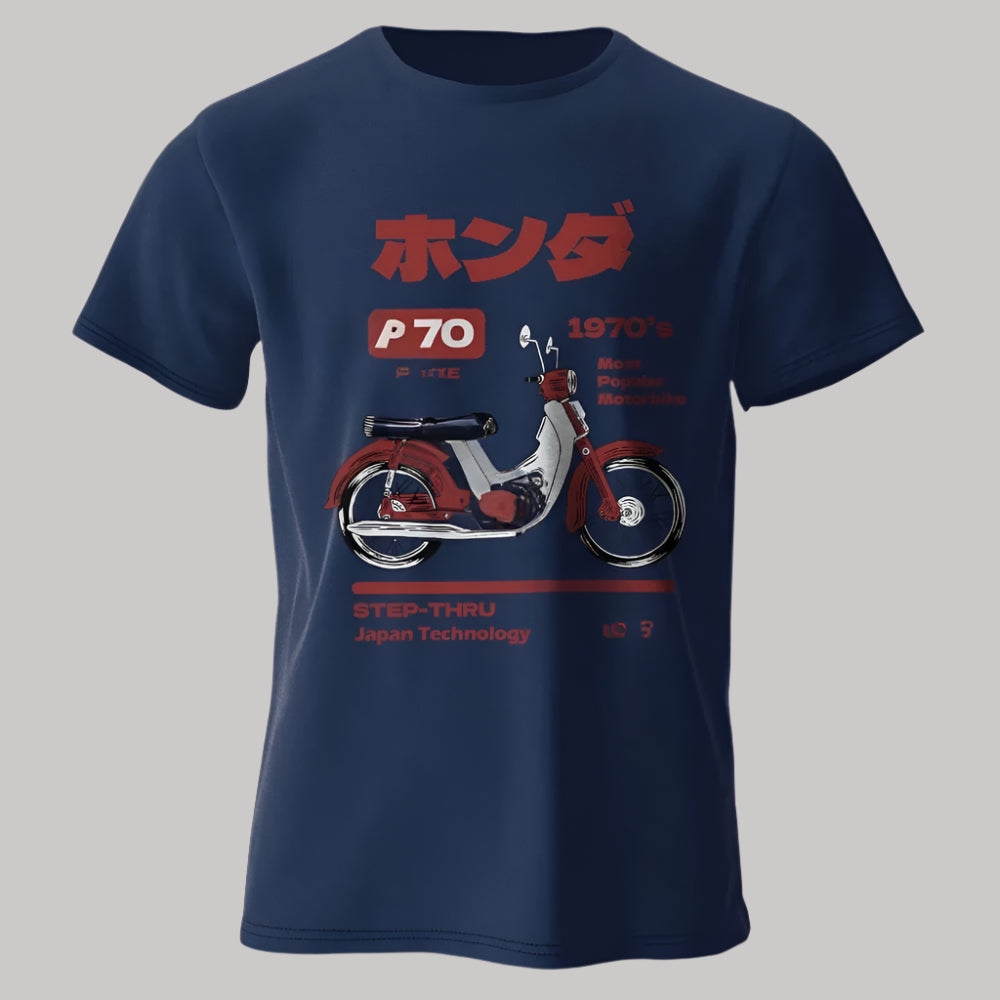 T-shirt Moto Rétro Japonais Bleu Marine
