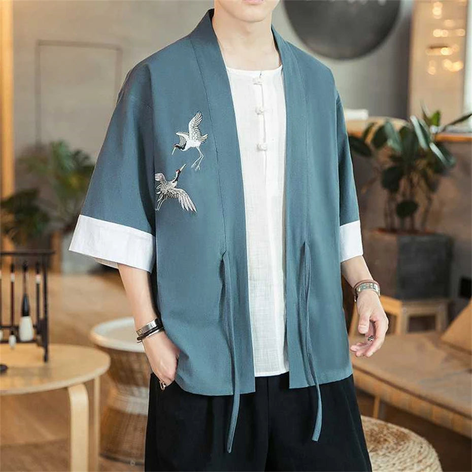 Veste Kimono Homme Grues en Lin Bleu