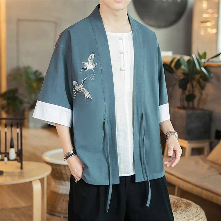 Veste Kimono Homme Grues en Lin Bleu