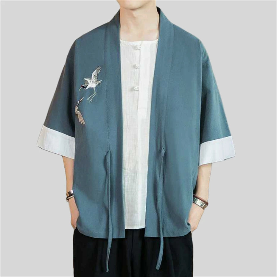 Veste Kimono Homme Grues en Lin Chic