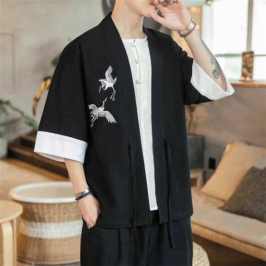 Veste Kimono Homme Grues en Lin Noir