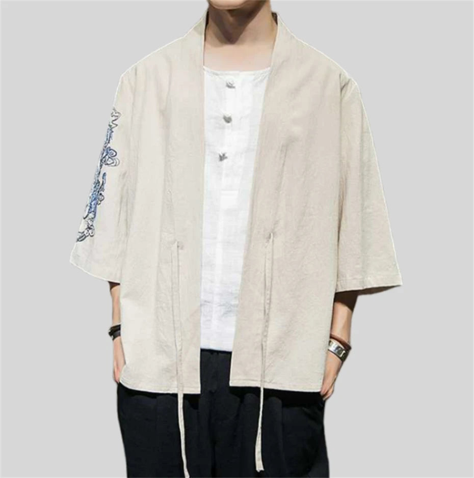 Veste Kimono Homme Manches Brodées Beige