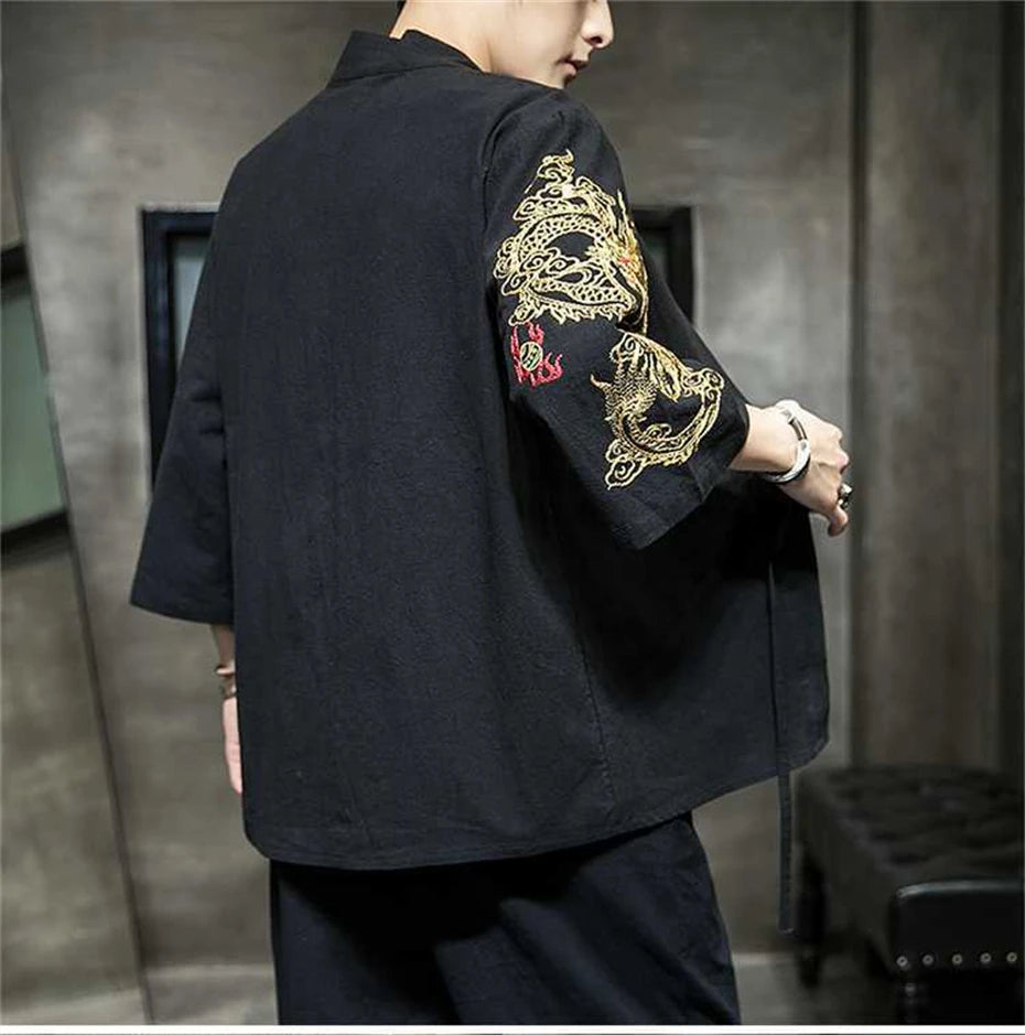 Veste Kimono Homme Manches Brodées Noir