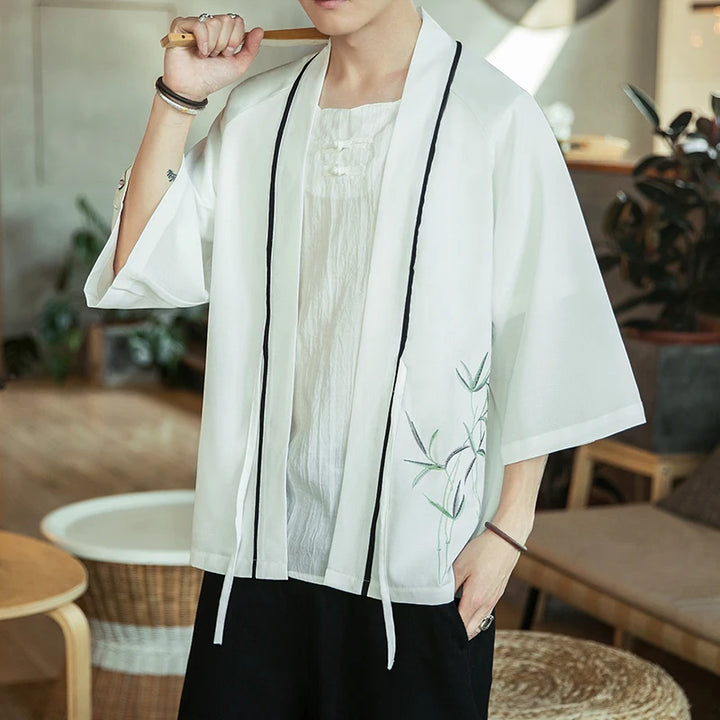 Veste Kimono Homme à Motifs Bambou Blanc