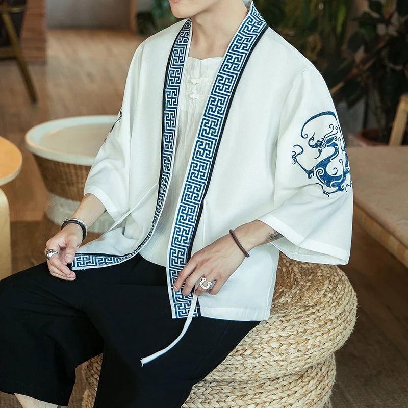 Veste Kimono Homme à Motifs Ethniques Blanc