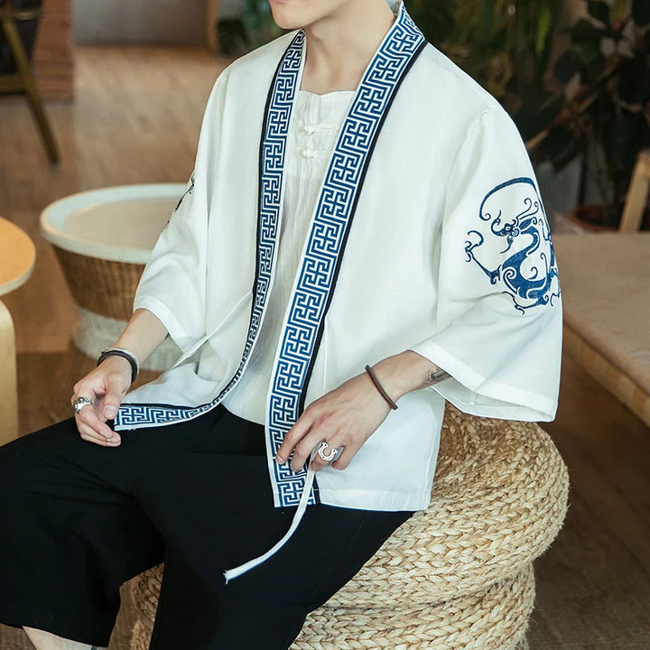 Veste Kimono Homme à Motifs Ethniques Blanc