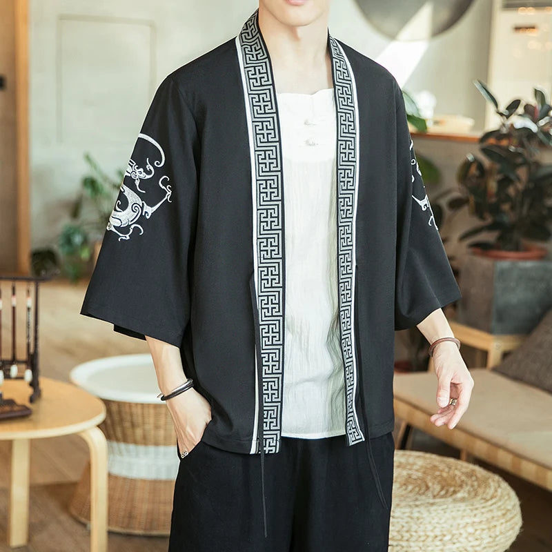 Veste Kimono Homme à Motifs Ethniques Noir