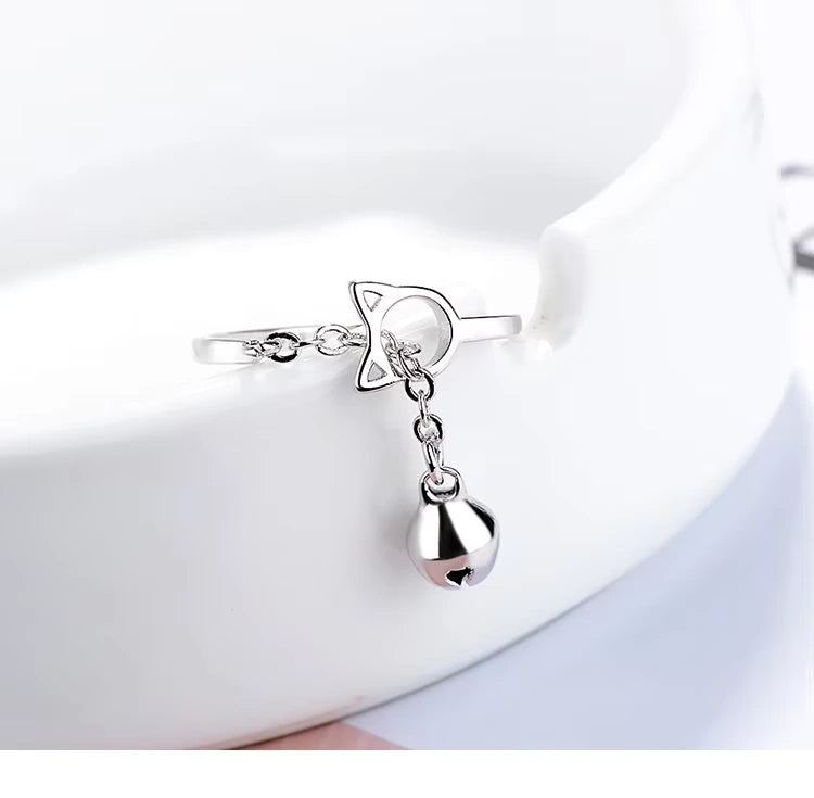 Bague Japonaise Kawaii Chat avec Cloche argenté
