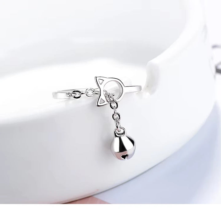 Bague Japonaise Kawaii Chat avec Cloche argenté