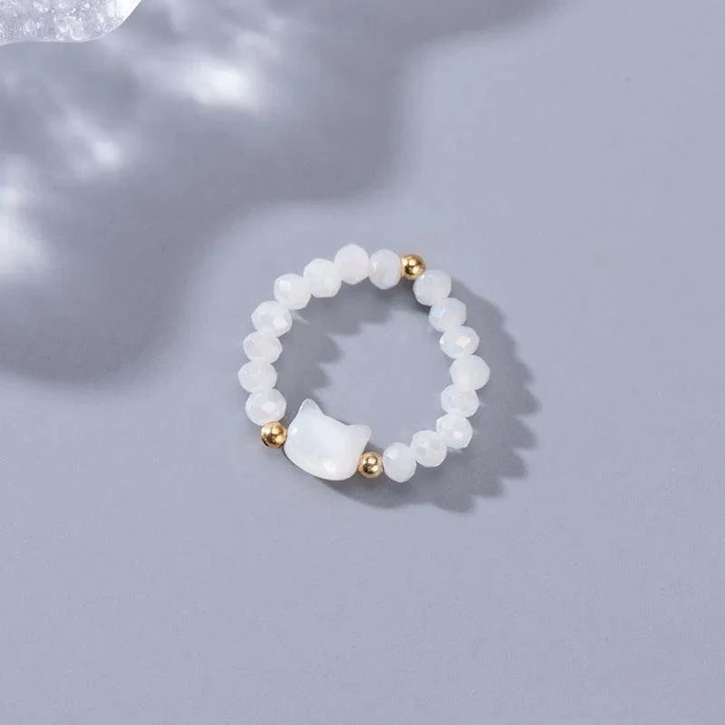 Bague Japonaise Obsidienne Petit chat blanc