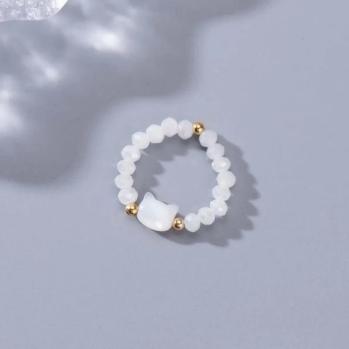 Bague Japonaise Obsidienne Petit chat blanc