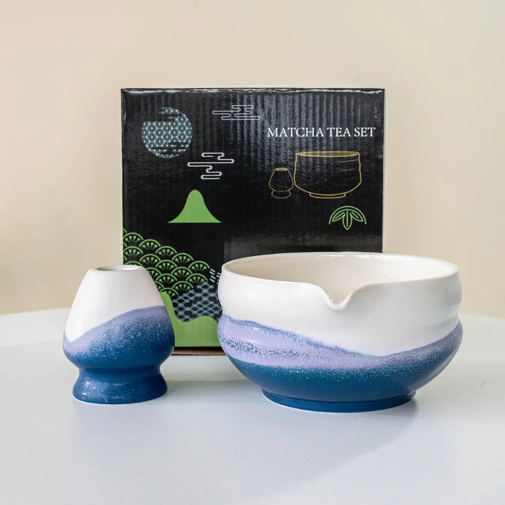 Bol et Support Fouet à Matcha en Céramique bleu