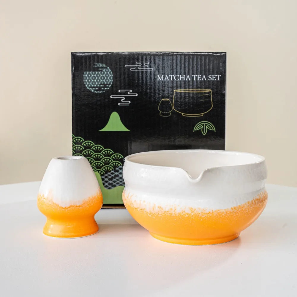Bol et Support Fouet à Matcha en Céramique orange