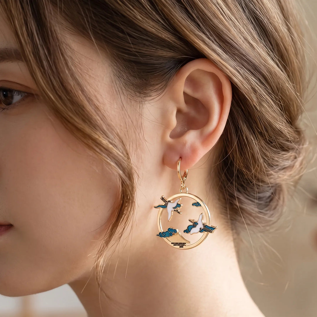 Boucle d'Oreille Japonaise Grues Unique