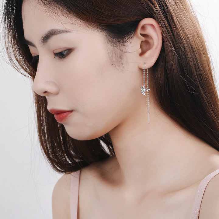 Boucle d'oreille japonais pendante Grue origami en argent