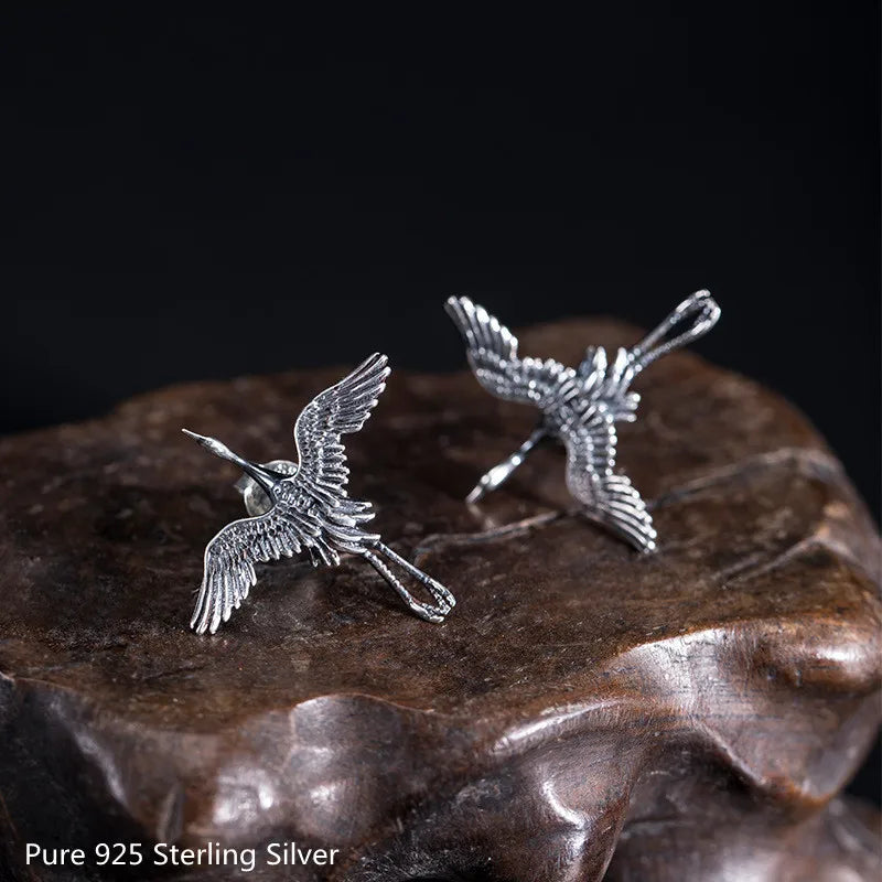 Boucles d’Oreilles Grue Japonais en Argent classiques