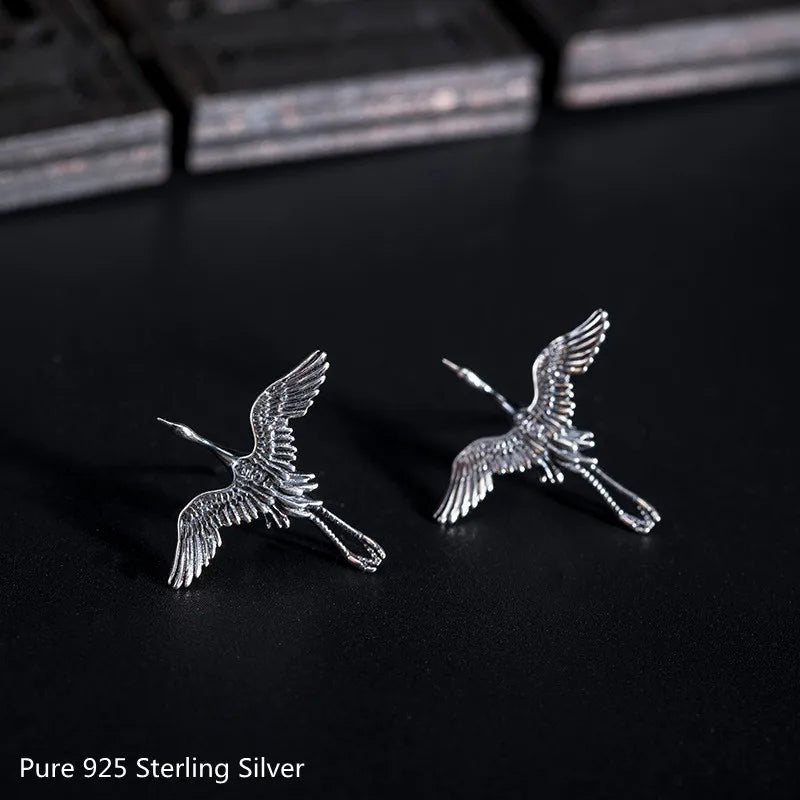 Boucles d’Oreilles Grue Japonais en Argent minimalistes
