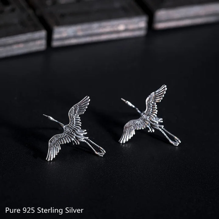 Boucles d’Oreilles Grue Japonais en Argent minimalistes