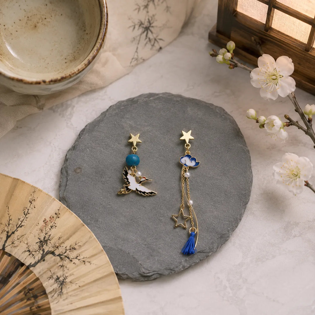 Boucles d'Oreilles Japonaises Grues et Étoile