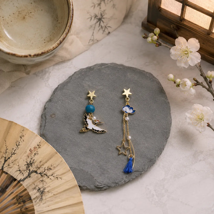Boucles d'Oreilles Japonaises Grues et Étoile