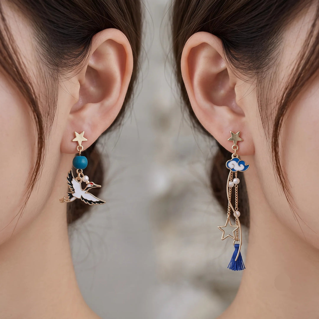 Boucles d'Oreilles Japonaises Grues et Étoile Unique