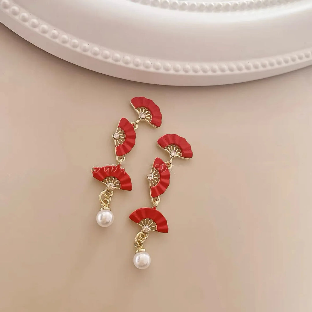Boucles d'oreilles japonaise Eventail Rouge élégante