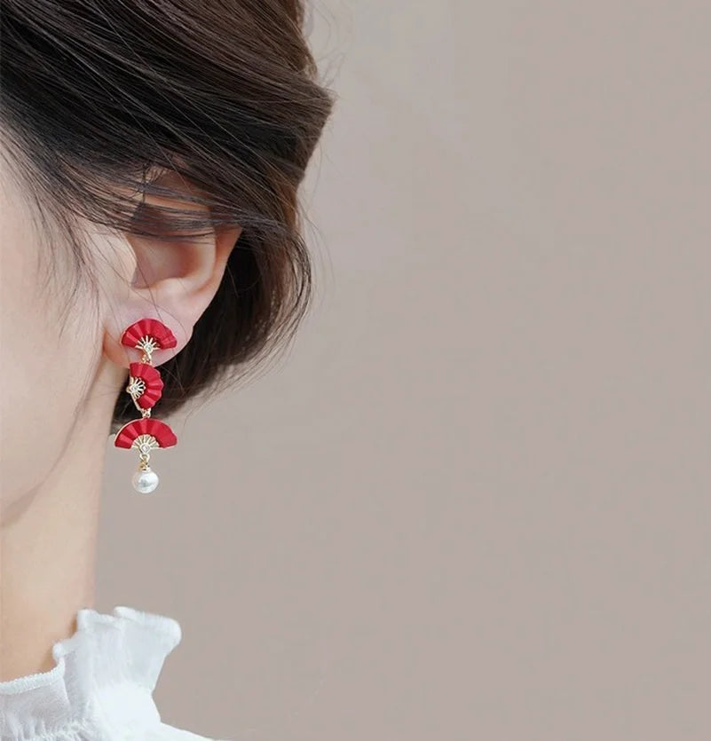 Boucles d'oreilles japonaise Eventail Rouge unique