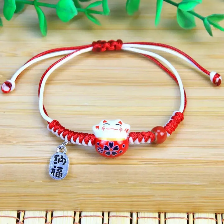 Bracelet Japonais Bicolore Maneki Neko Rouge