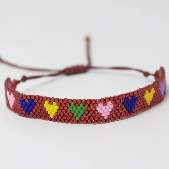 Bracelet Miyuki Motif Coeurs grenat