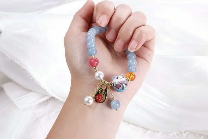 Bracelet japonais Perle Agate Pendentif chat design