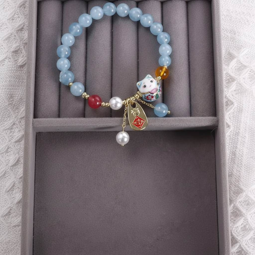 Bracelet japonais Perle Agate Pendentif chat stylé