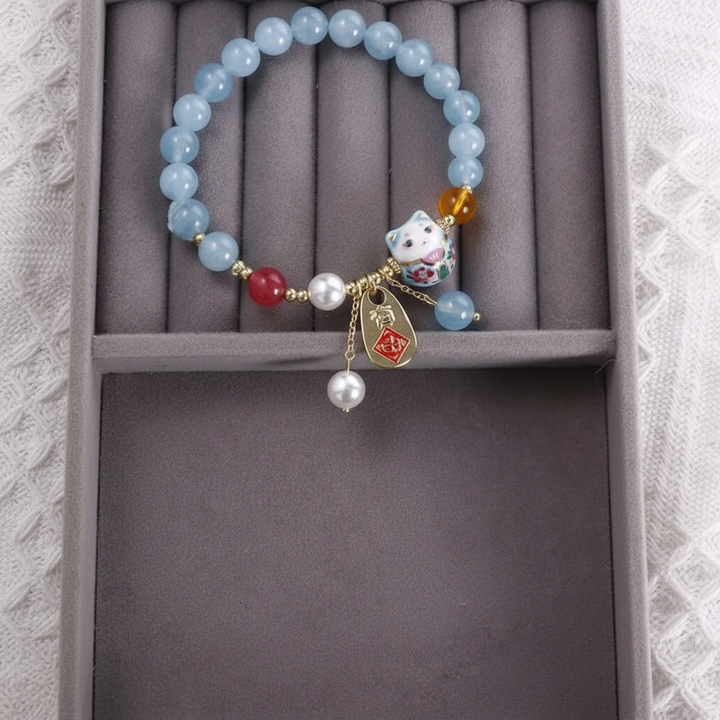 Bracelet japonais Perle Agate Pendentif chat stylé