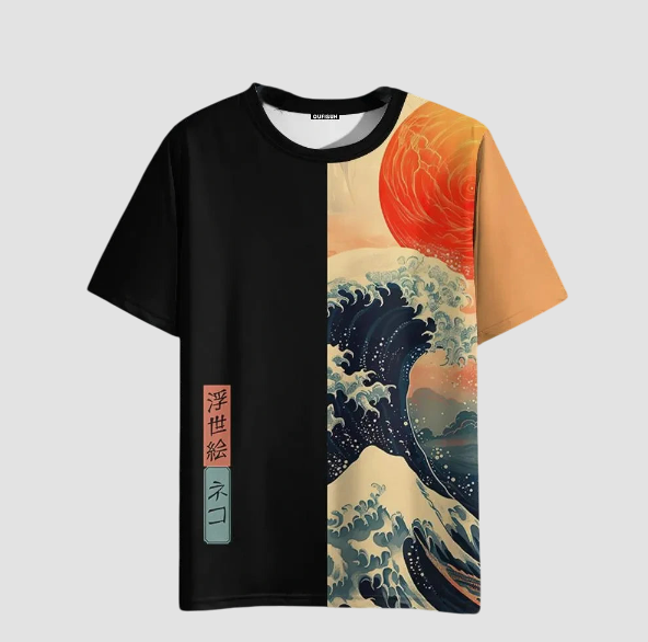 Japanisches Sonnen- und Wellen-T-Shirt