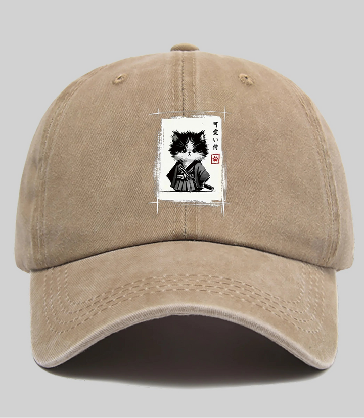 Casquette Japonaise Chat Samouraï Beige