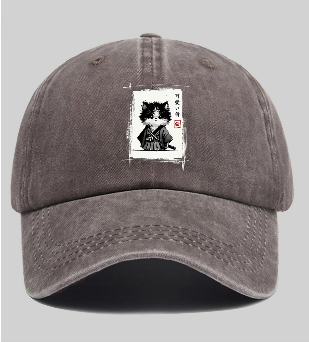 Casquette Japonaise Chat Samouraï Marron