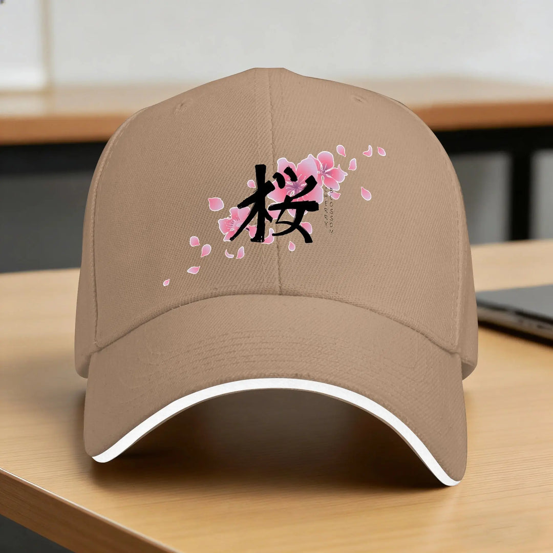 Casquette Japonaise Design Fleurs de Cerisier Beige