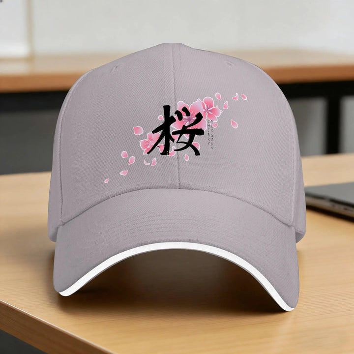 Casquette Japonaise Design Fleurs de Cerisier Gris
