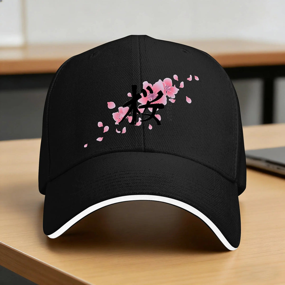 Casquette Japonaise Design Fleurs de Cerisier Noir