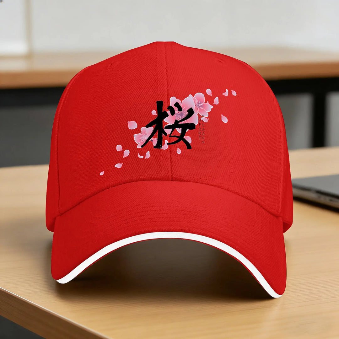 Casquette Japonaise Design Fleurs de Cerisier Rouge