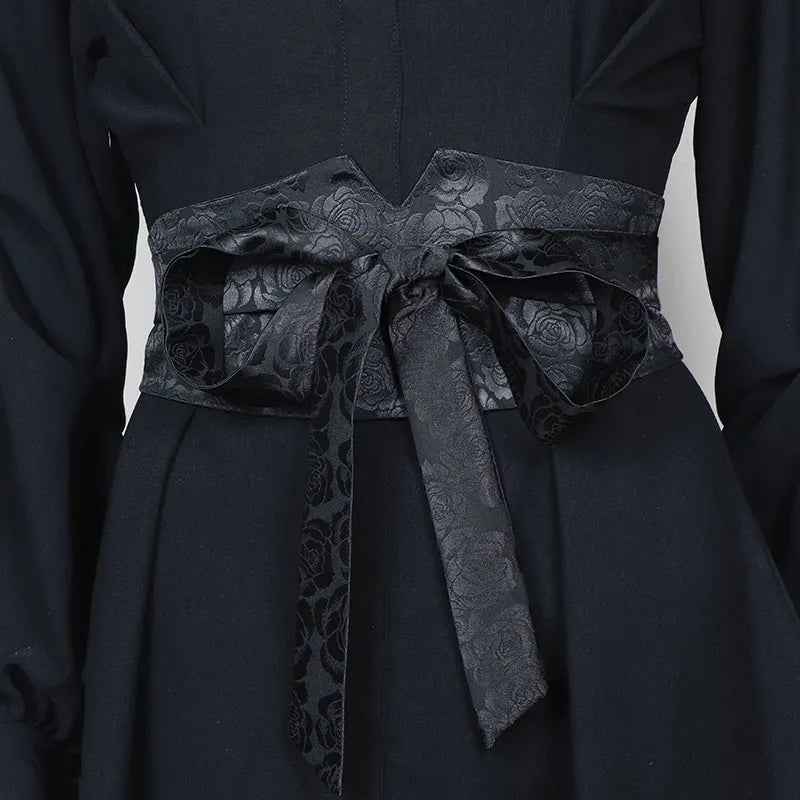 Ceinture Obi Fleuri Jacquard Noir