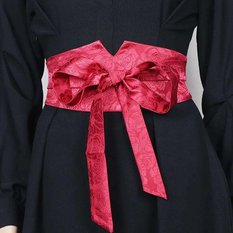Ceinture Obi Fleuri Jacquard Rouge