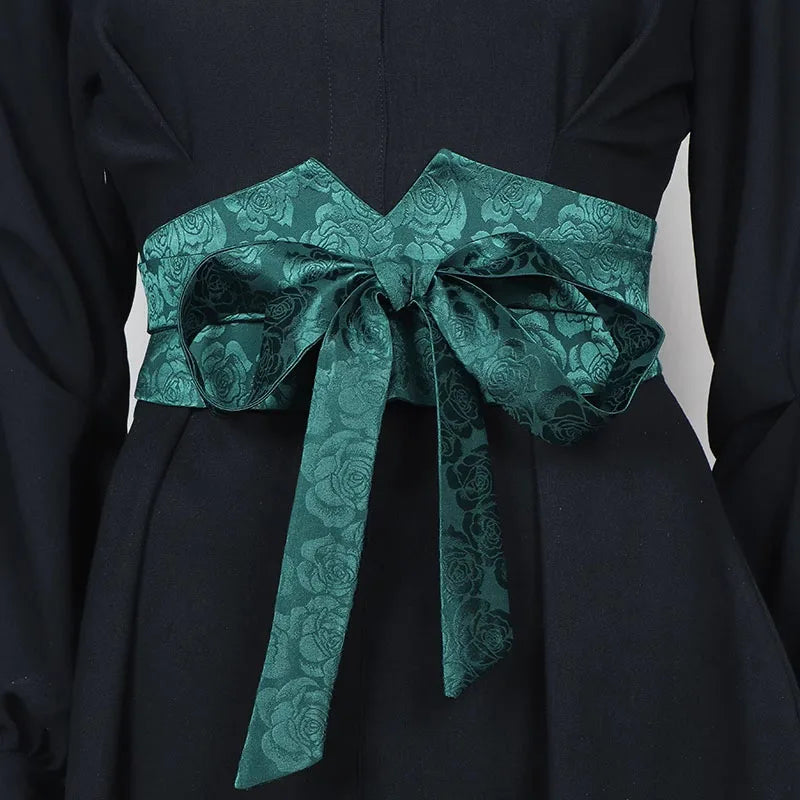 Ceinture Obi Fleuri Jacquard Vert
