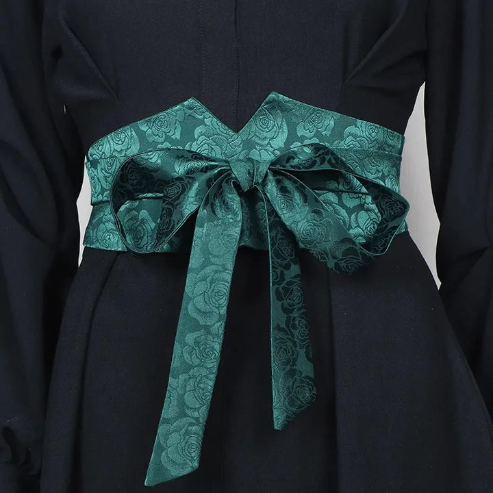 Ceinture Obi Fleuri Jacquard Vert