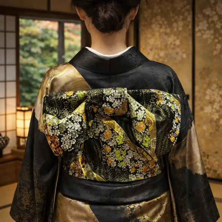 Ceinture Obi Japonaise Noire Chic Fleurie Unique
