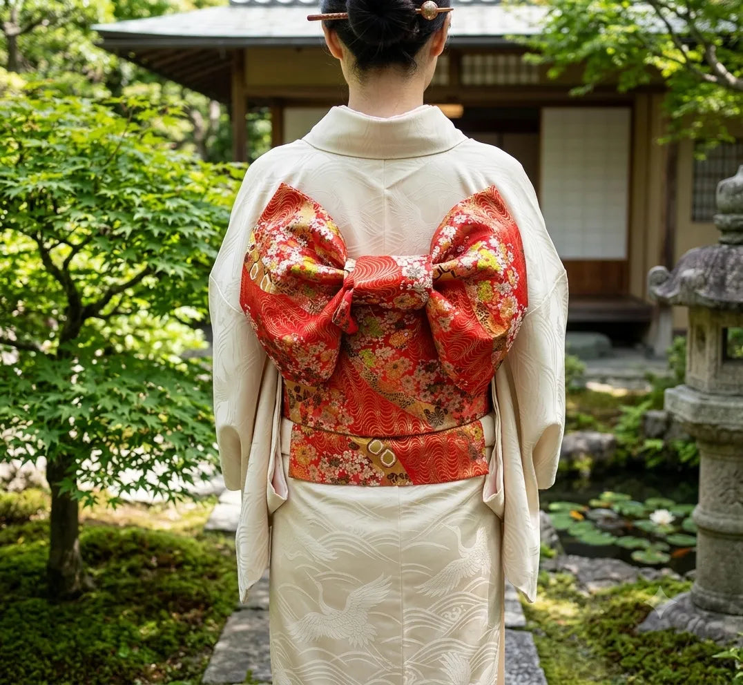 Ceinture Obi Japonaise Rouge à Fleurs