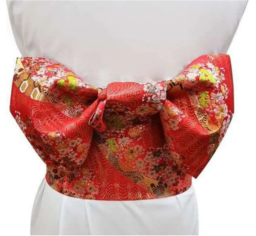 Ceinture Obi Japonaise Rouge à Fleurs Unique