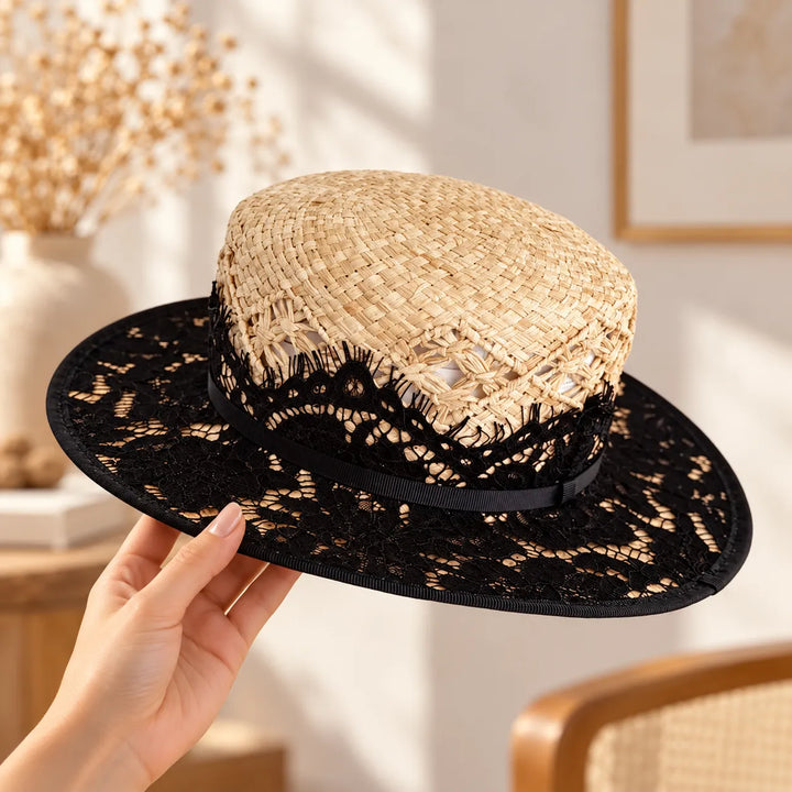 Chapeau Japonais Raphia Élégant Noir