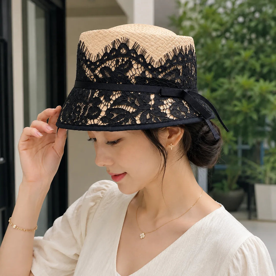Chapeau Japonais en Raphia à Dentelles