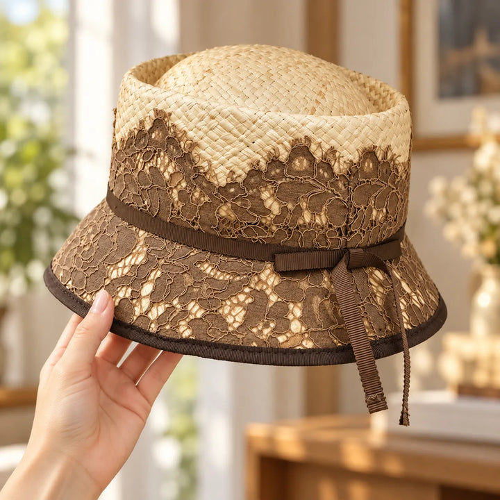 Chapeau Japonais en Raphia à Dentelles Marron