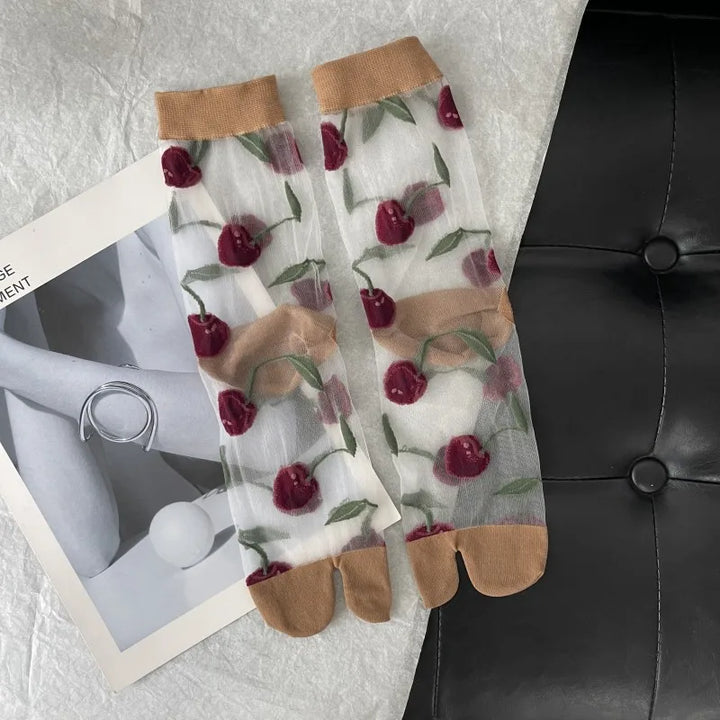 Chaussettes Japonaises Transparentes Cerises Beige